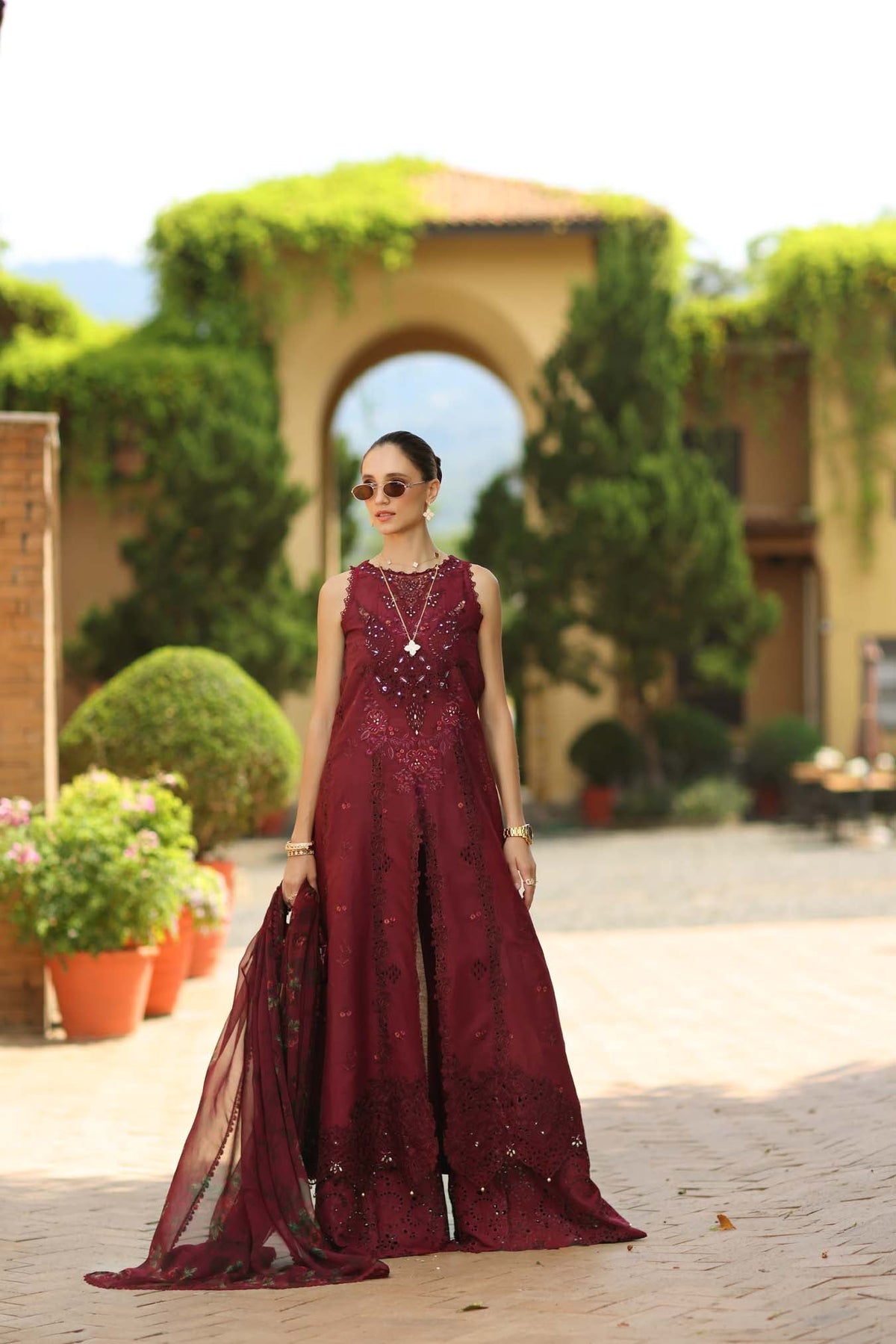 Noor by Saadia Asad | Luxury Eid Schiffli Laserkari 26 | D12 -Amalfi Rouge, image 2