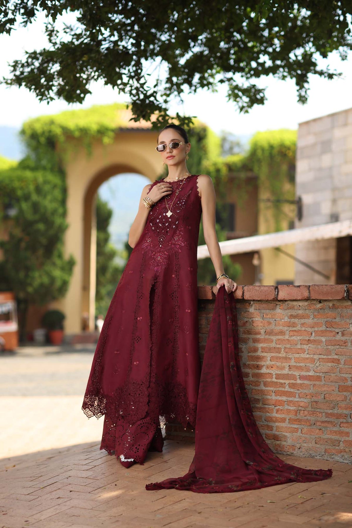 Noor by Saadia Asad | Luxury Eid Schiffli Laserkari 26 | D12 -Amalfi Rouge, image 5
