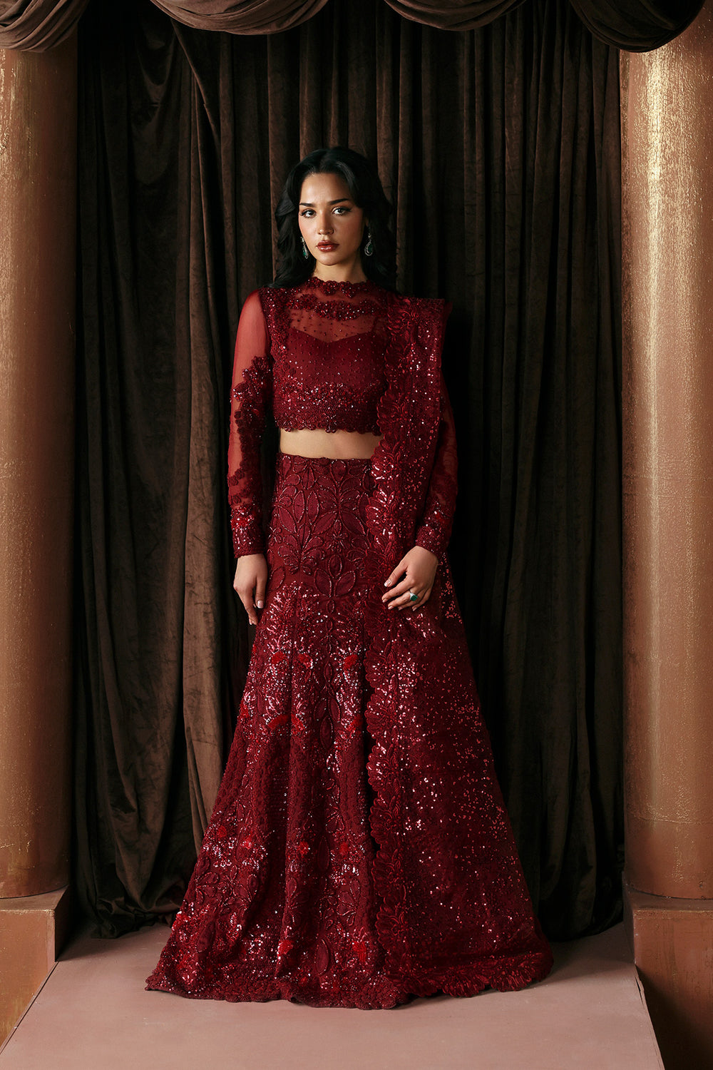 Afrozeh Lover maroon organza lehenga choli
