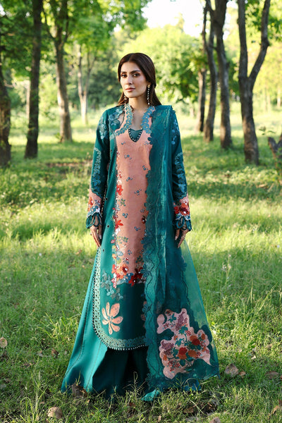 Afrozeh Daliya bottle green embroidered lawn suit