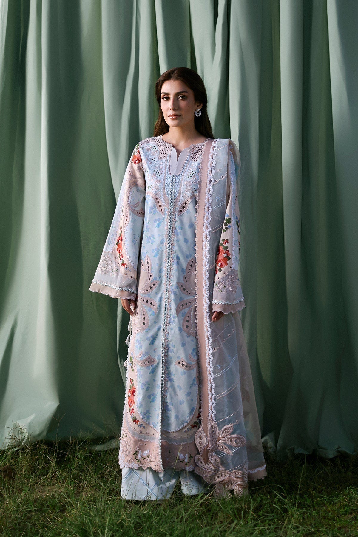 Afrozeh Eirene aqua embroidered lawn suit
