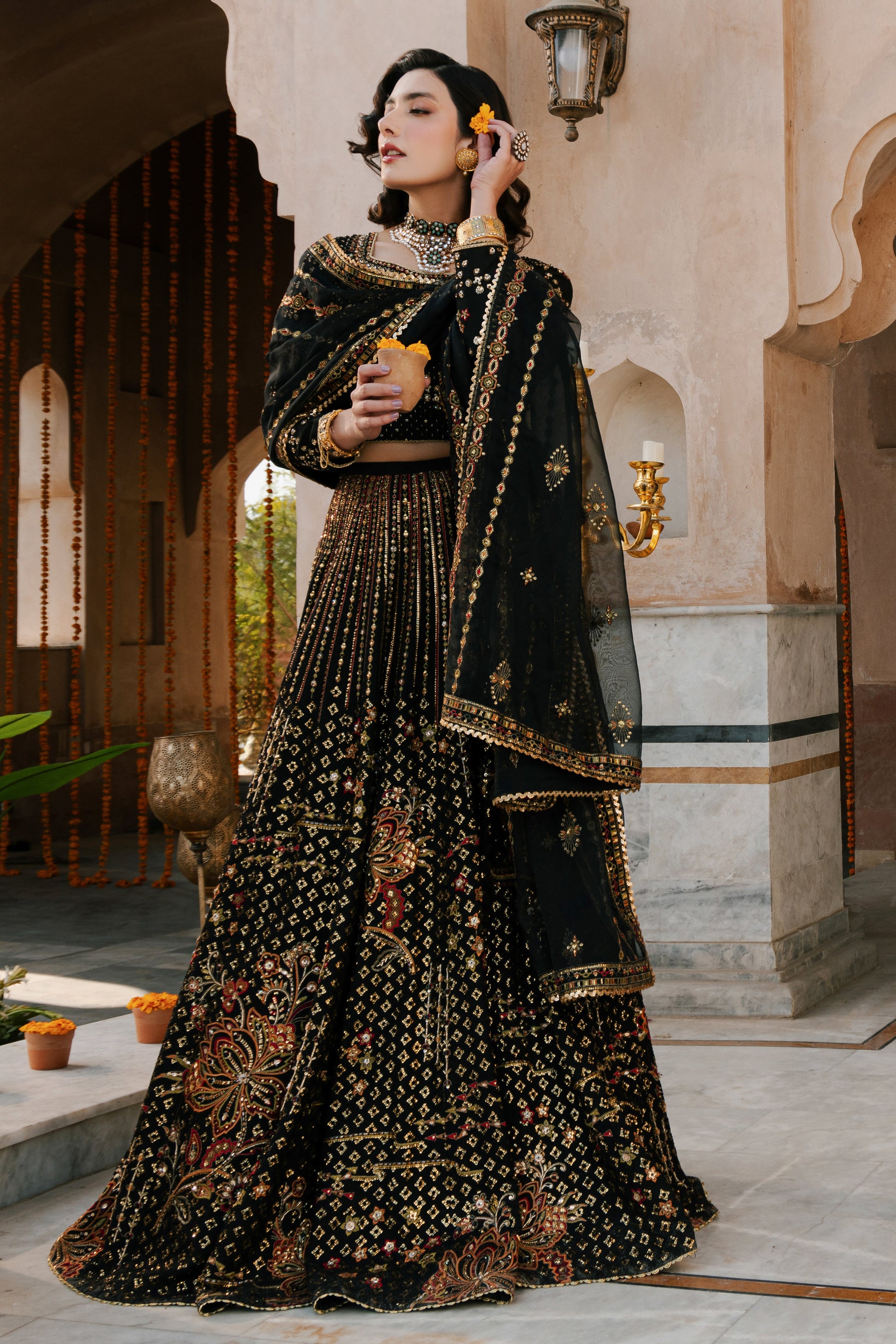 NAQSHI Kaif organza dupatta draped to display lengthwise embroidered borders, 4‑side mini border with lace finish, and motif spread in mid