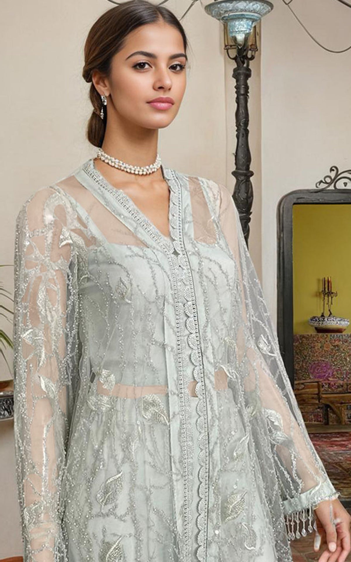 Threads and Motifs | Formal Dresses 25 | Net Embroidered Jacket With Trouser -  Threads and Motifs Ladies Clothes - Original Designer Dress - House of Maryam
