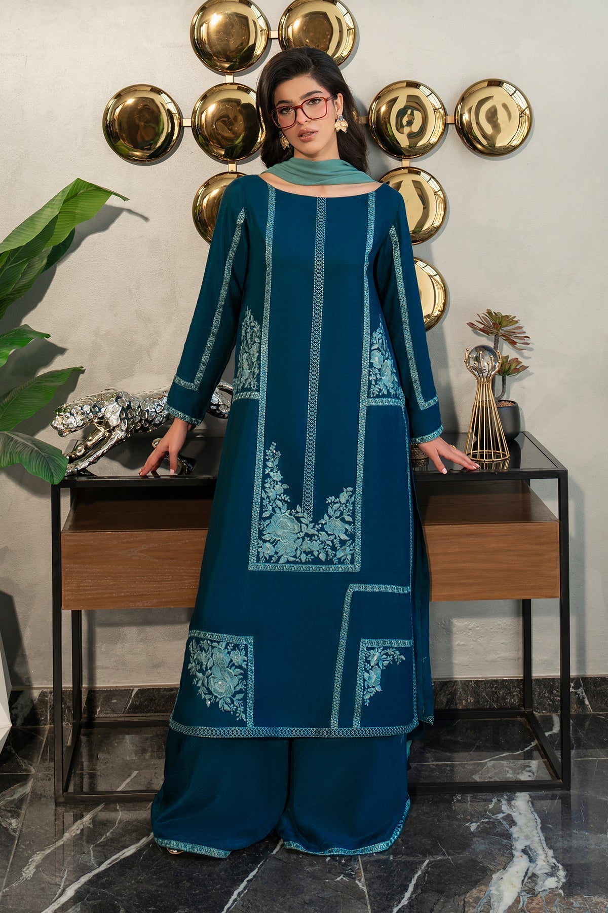 Fahad Hussayn | Lawn Banger | Midnight Teal -  Erum Khan Ladies Clothes - Original Designer Dress - House of Maryam