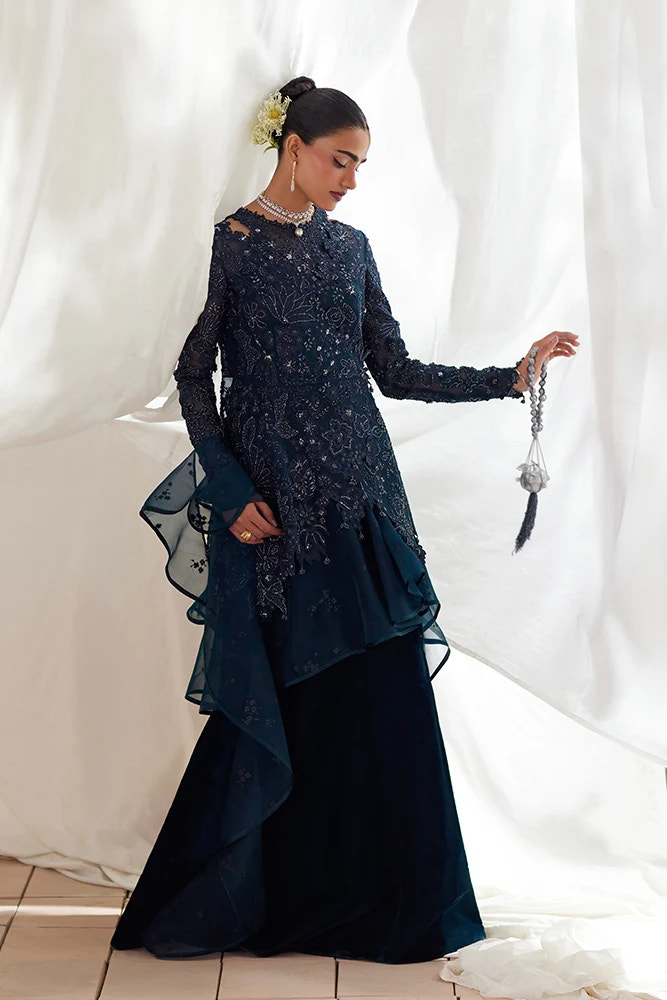 Suffuse Simorah teal blue organza wrap peplum and velvet skirt, photo 3