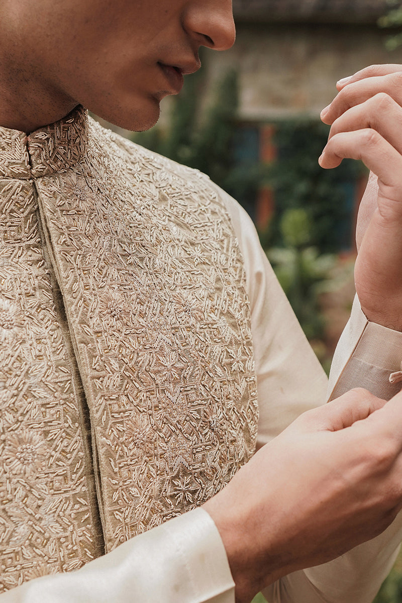 Republic By Omar Farooq | Luxury Waistcoat | Henna Green Hand Embroidered Waistcoat -  Republic by Omar Farooq Luxury Waistcoat - Original Designer Dress - House of Maryam