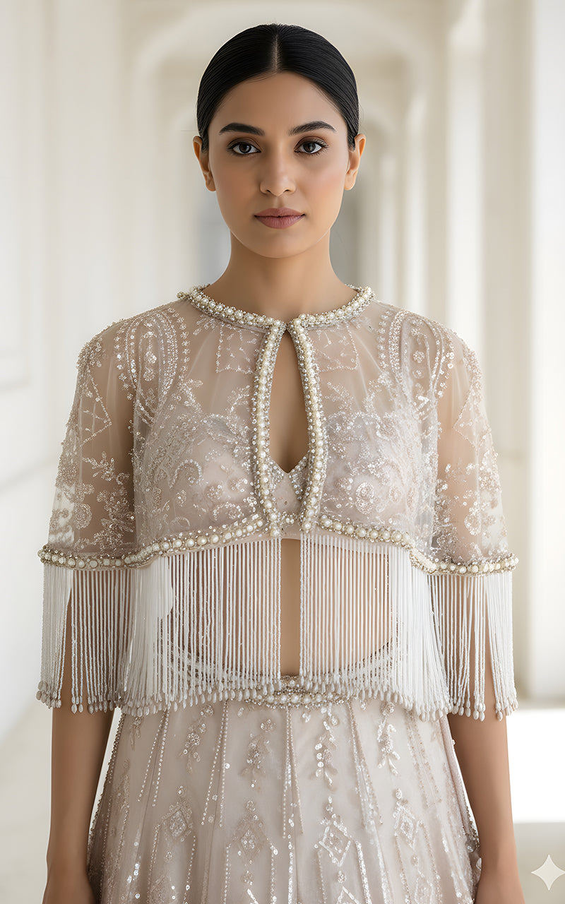 Threads and Motifs | Formal Dresses 25 | Net Embroidered Blouse With Cape And Lehenga-3