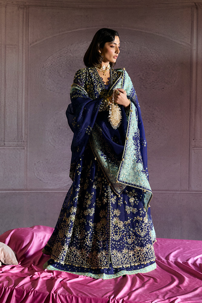 Suffuse Rishaal indigo organza pishwas and lehenga
