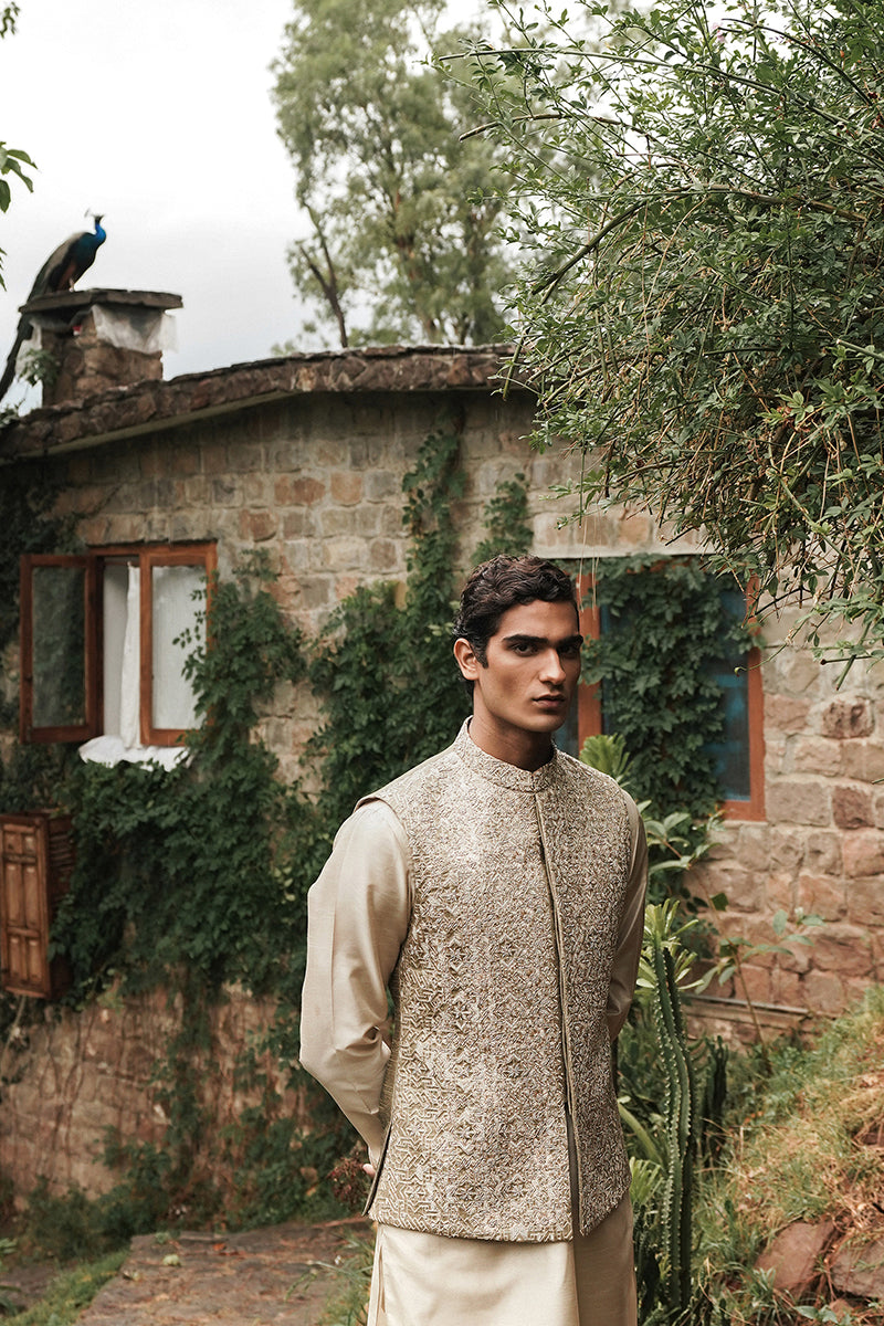 Republic By Omar Farooq | Luxury Waistcoat | Henna Green Hand Embroidered Waistcoat -  Republic by Omar Farooq Luxury Waistcoat - Original Designer Dress - House of Maryam