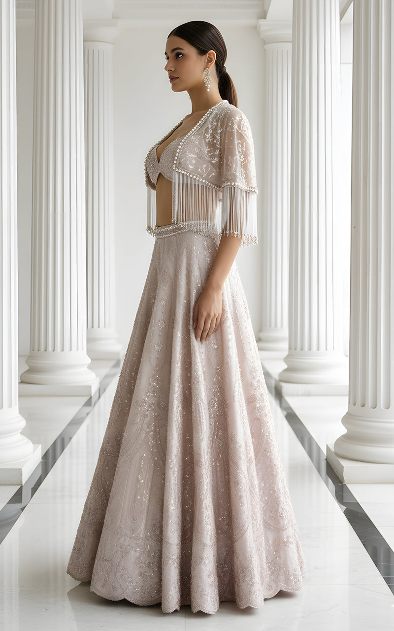 Threads and Motifs | Formal Dresses 25 | Net Embroidered Blouse With Cape And Lehenga-5