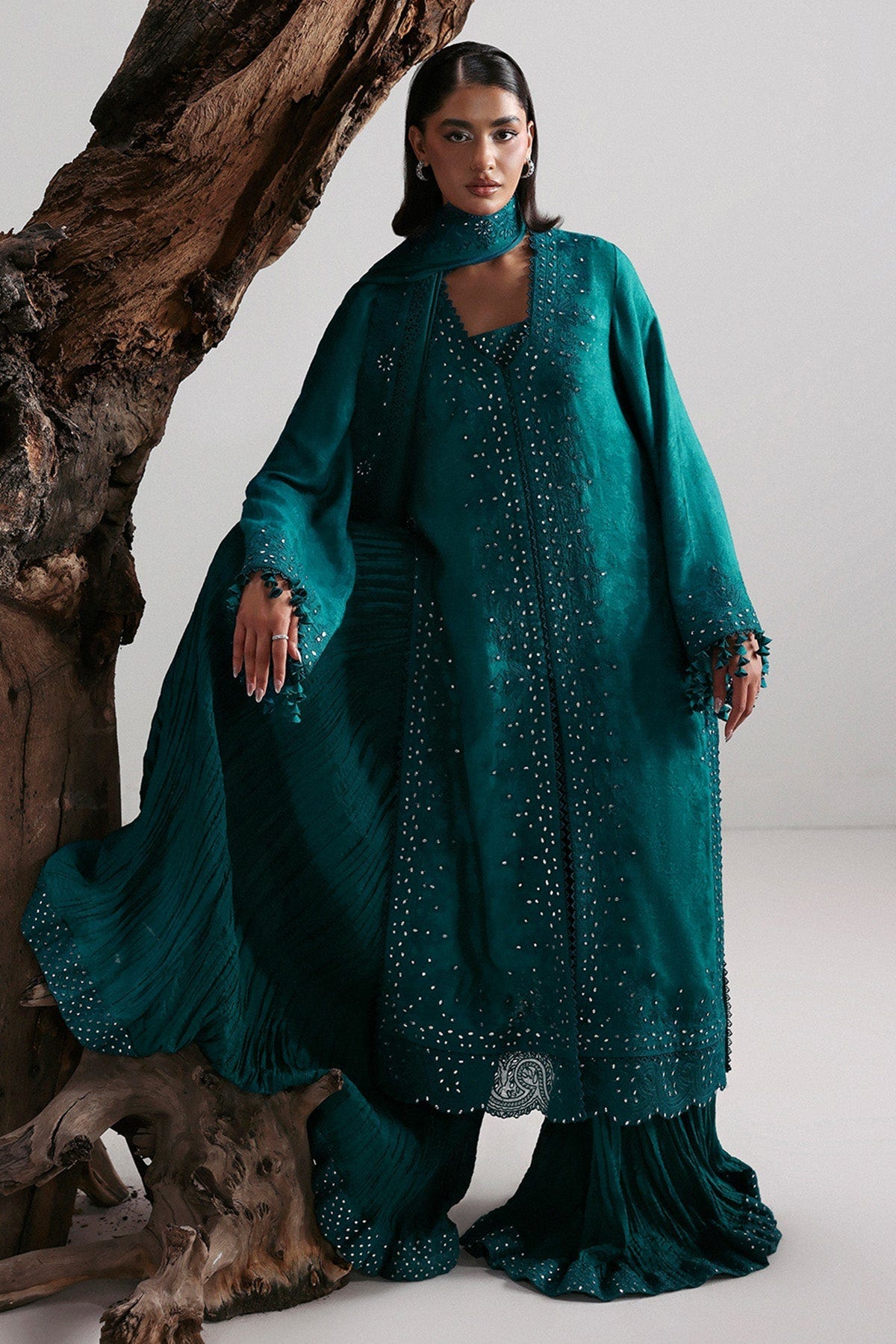 Afrozeh Valentena teal jacquard shirt and sharara