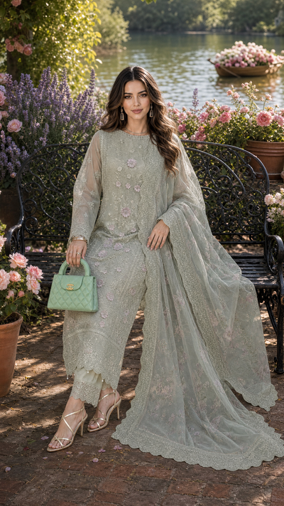 Saadia Asad | Nooriyah Luxury Chiffon | D1 - Pistachio Mist