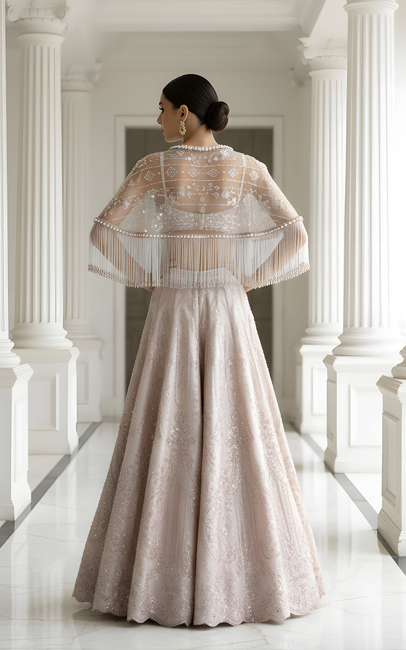 Threads and Motifs | Formal Dresses 25 | Net Embroidered Blouse With Cape And Lehenga-2