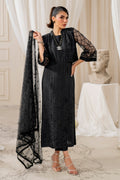 Naqshi siara black raw‑silk straight shirt with matching geometic embroidered net cropped jacket, crystal and bead hangings, paired with straight pants and sequin dupatta.