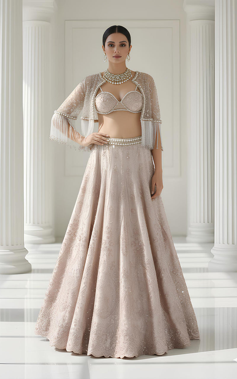 Threads and Motifs | Formal Dresses 25 | Net Embroidered Blouse With Cape And Lehenga