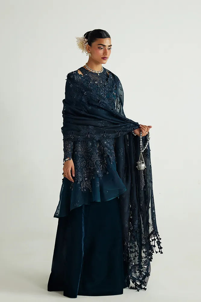 Suffuse Simorah teal blue organza wrap peplum and velvet skirt, photo 7