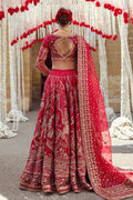 Back view of Qurbat bridal outfit highlighting choli tassel detailing and heavy embroidered dupatta trail, formal ready to wear wedding dress.