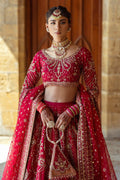 Front waist up portrait of Qurbat bridal dress with embroidered choli and dupatta drape, ready made formal wedding attire.