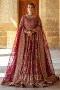 Kandhari plum bridal lehenga choli by NAQSHI, full front view with heavily embellished raw silk choli, flared lehenga, organza dupatta and matching clutch, ready to wear 4-piece wedding outfit.