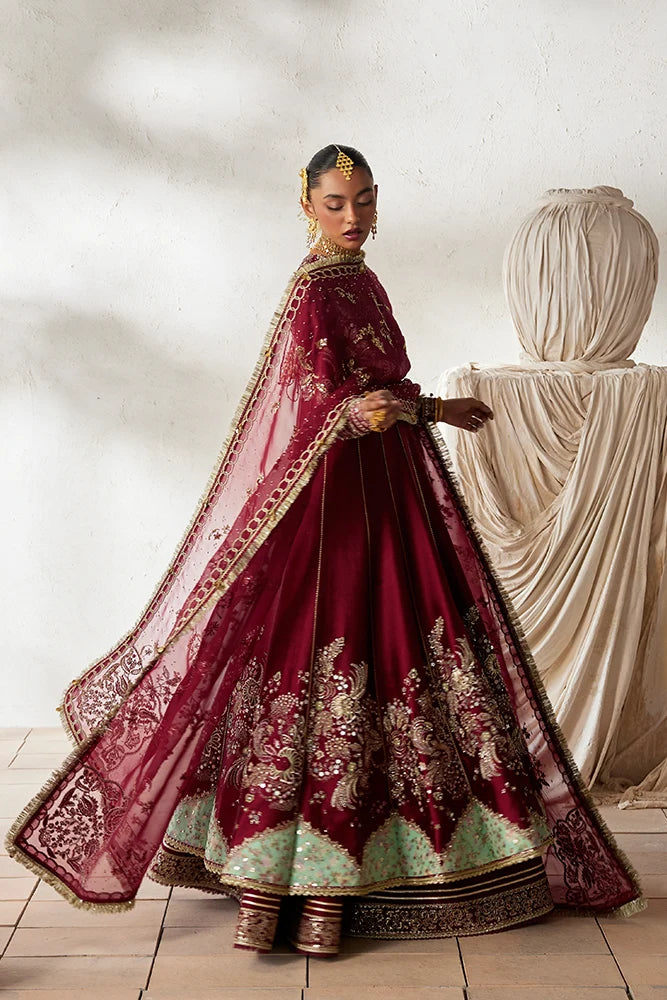 Suffuse Nusha deep red kalidaar pishwas and lehenga