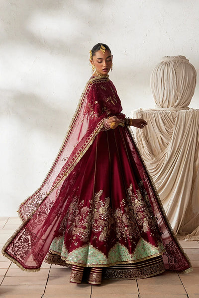 Suffuse Nusha deep red kalidaar pishwas and lehenga