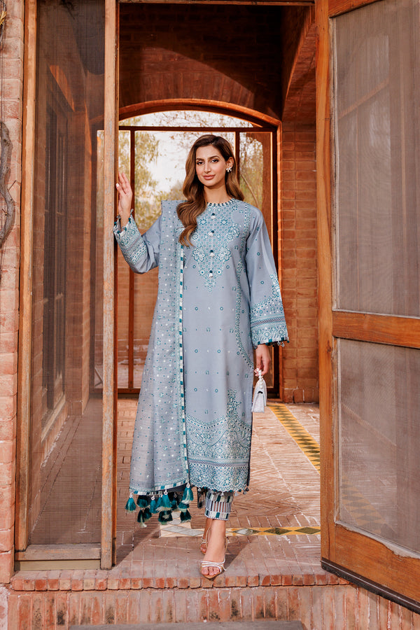 Farasha | Dastoor Embroidered Lawn SS24 | BERYL GREY