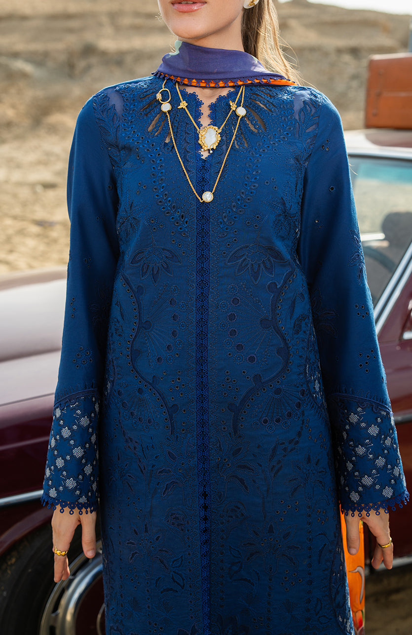 Soraya Azul navy laser cut lawn shirt with cambric pants, photo 2