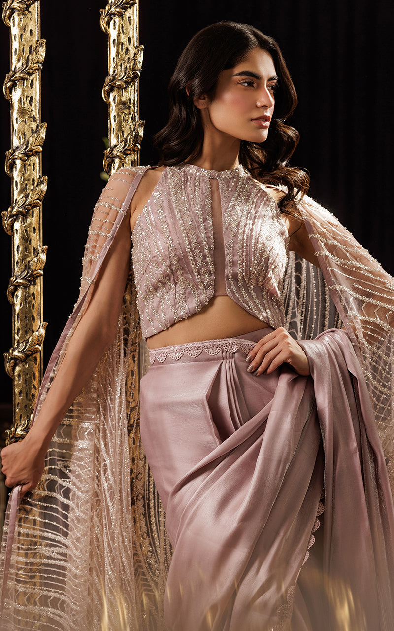 Threads and Motifs | Formal Dresses 25 | Net Embroidered Cape With Blouse And Skirt Saree -  Threads and Motifs Ladies Clothes - Original Designer Dress - House of Maryam
