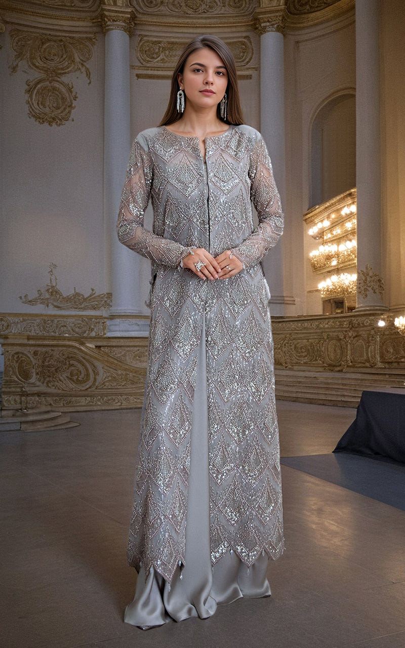 Threads and Motifs | Formal Dresses 25 | Net Embroidered Jacket with Skirt -  Threads and Motifs Ladies Clothes - Original Designer Dress - House of Maryam