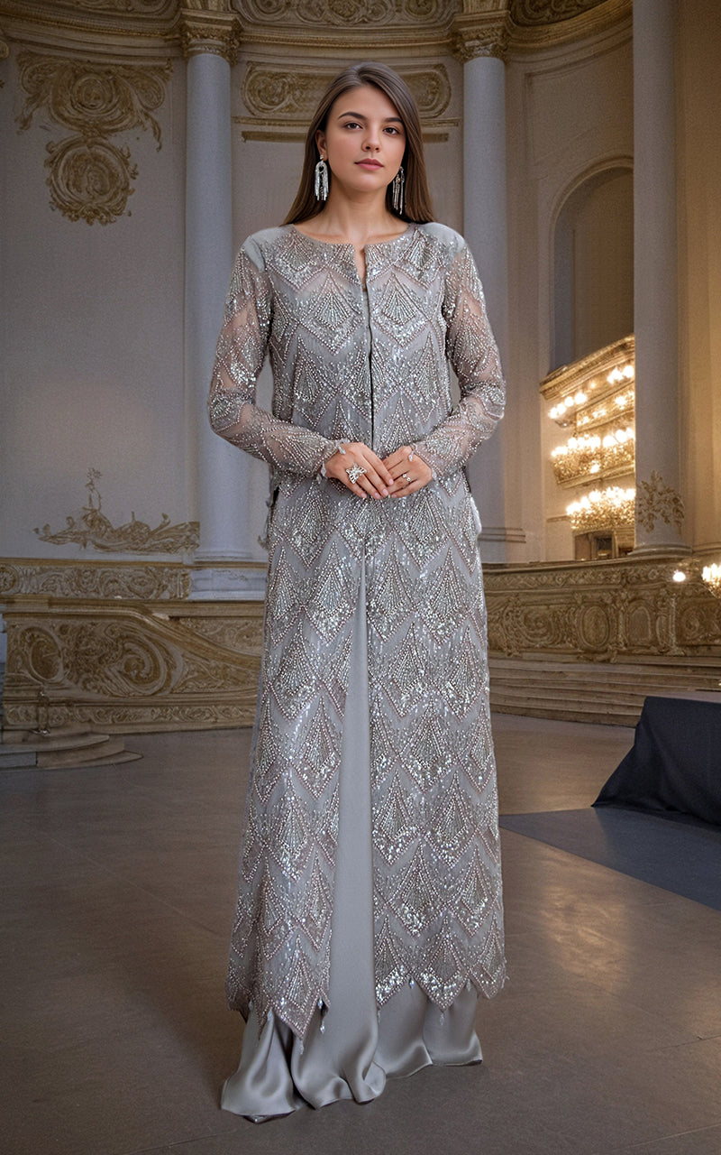 Threads and Motifs | Formal Dresses 25 | Net Embroidered Jacket with Skirt -  Threads and Motifs Ladies Clothes - Original Designer Dress - House of Maryam