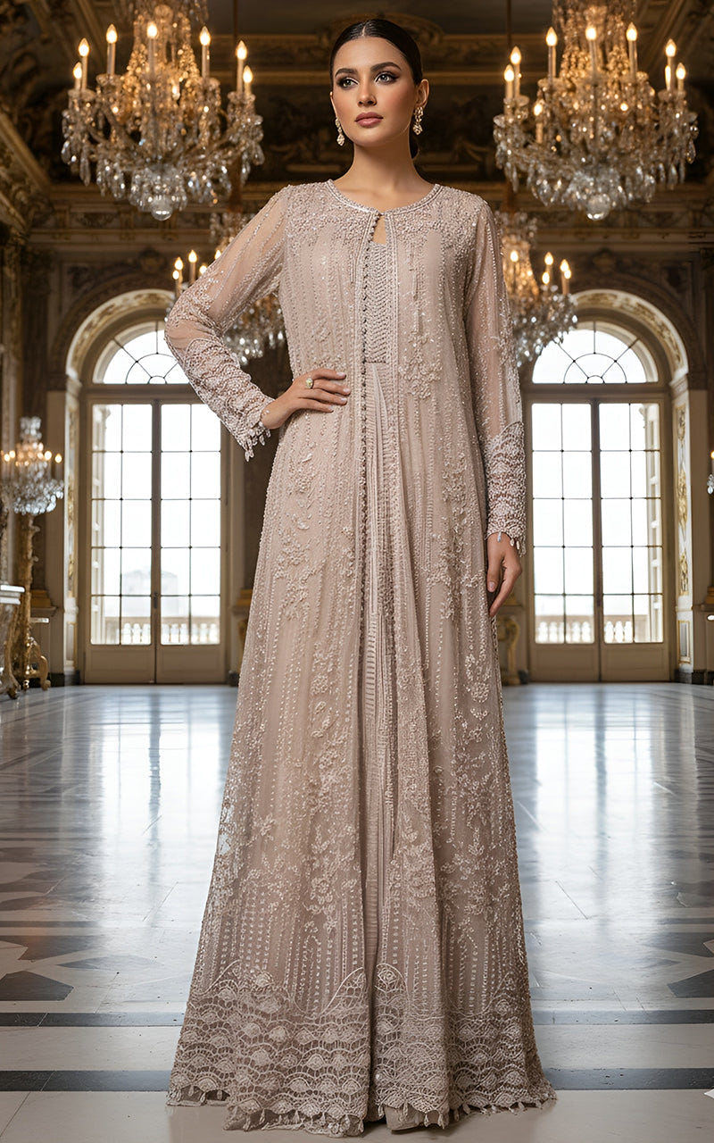 Threads and Motifs | Formal Dresses 25 | Net Embroidered Jacket With Crushed Maxi