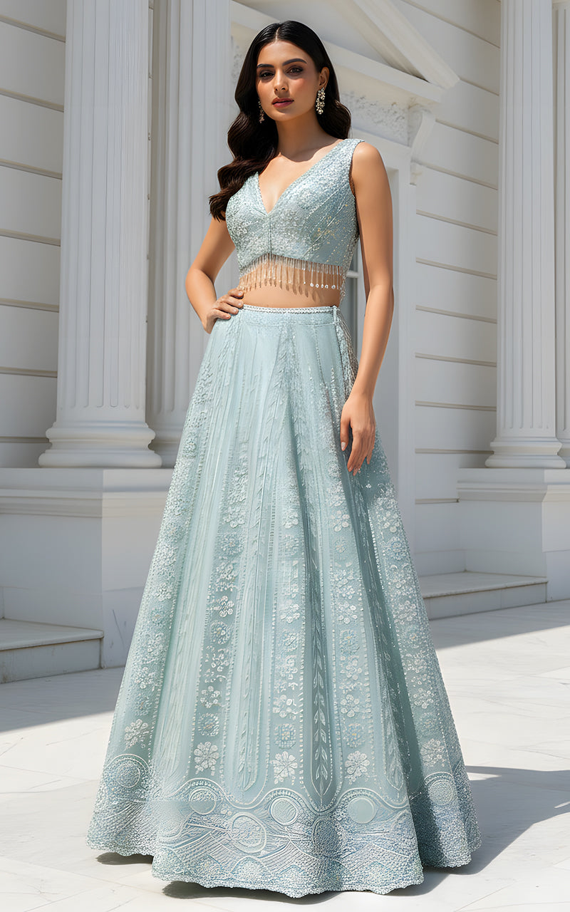 Threads and Motifs | Formal Dresses 25 | Net Embroidered Blouse With Cape And Lehenga, image 4