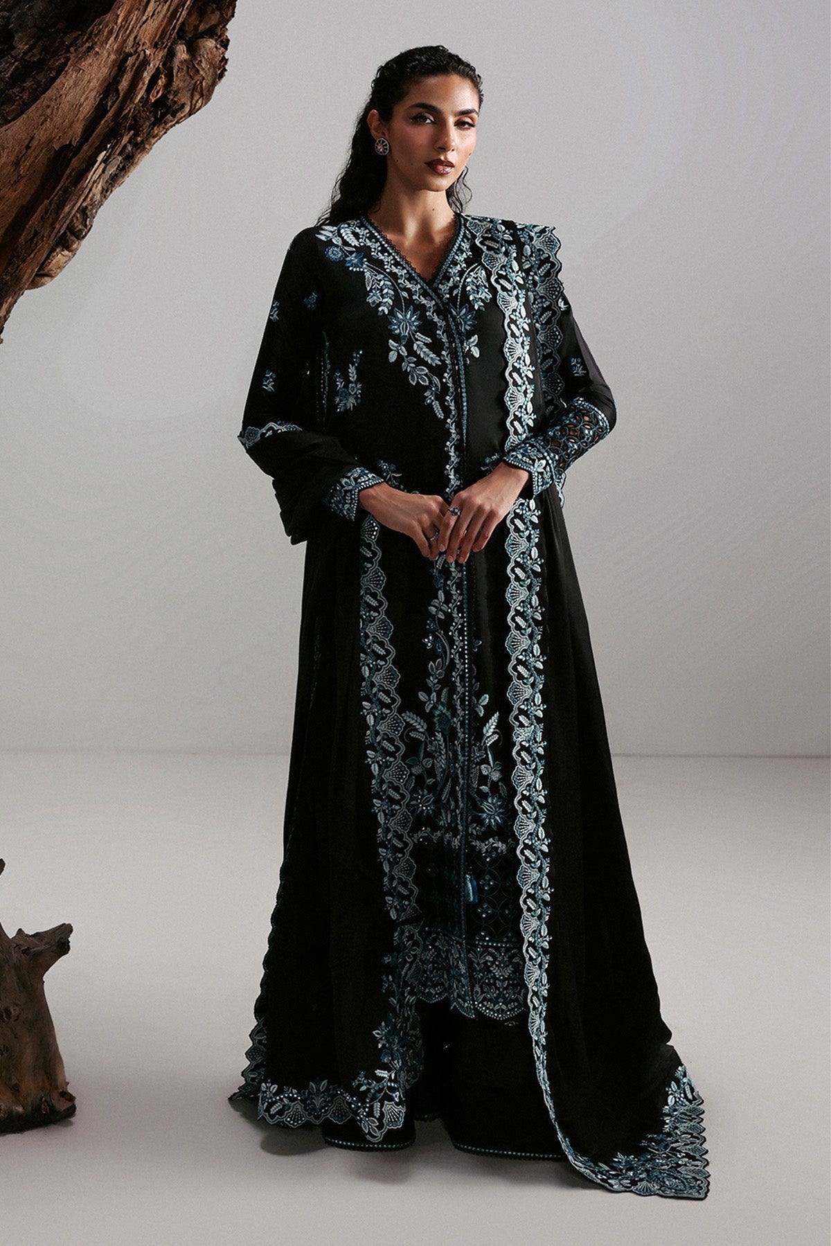 Afrozeh Rhylen black charmeuse silk suit