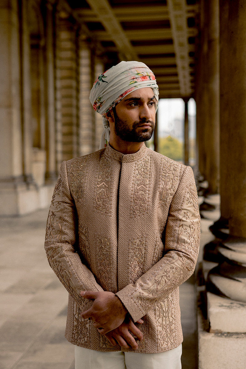 Republic By Omar Farooq | Couture Prince Coat | Salmon Pink Jamawar Prince Coat -  Republic by Omar Farooq Couture Prince Coat - Original Designer Dress - House of Maryam