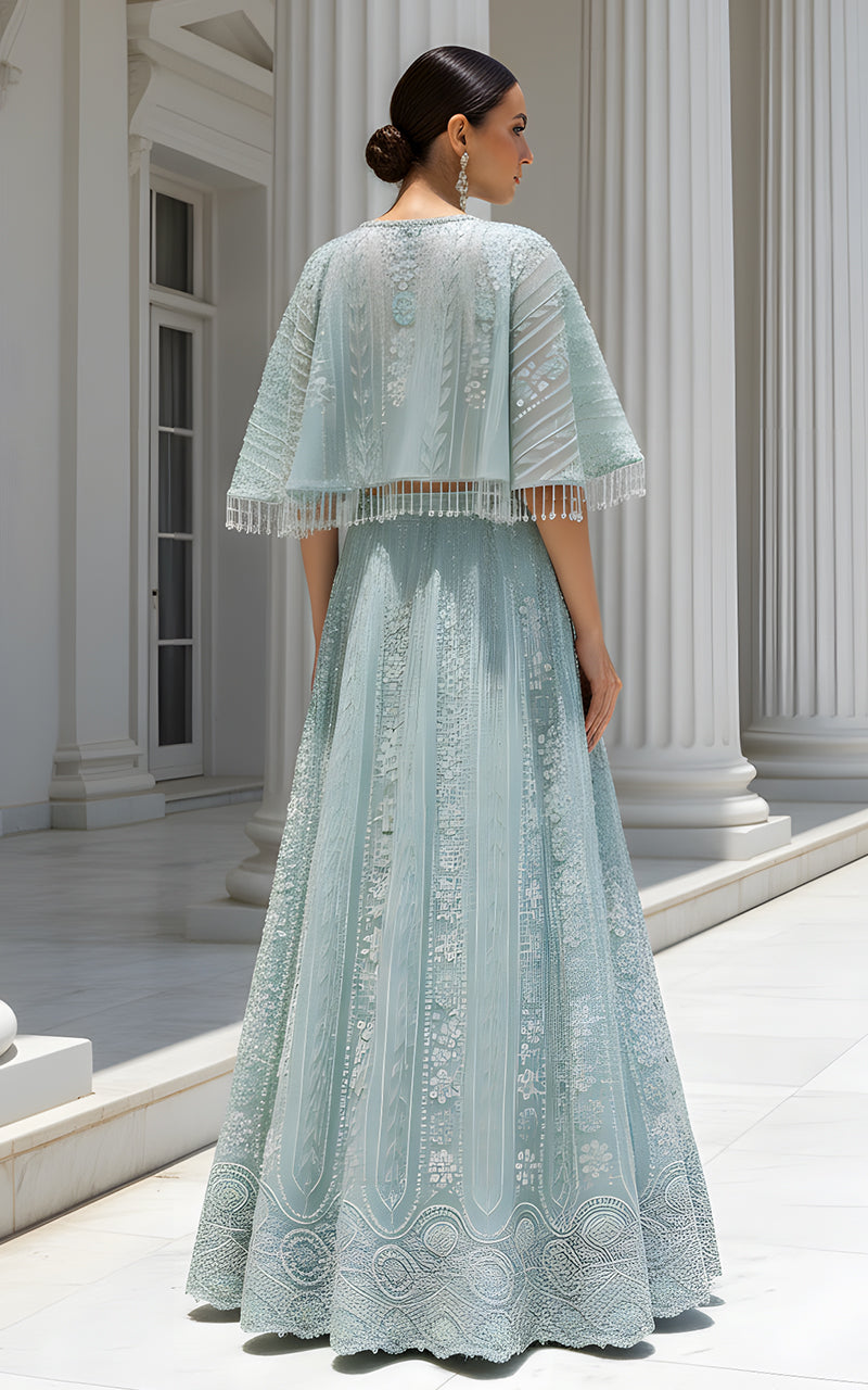 Threads and Motifs | Formal Dresses 25 | Net Embroidered Blouse With Cape And Lehenga-2