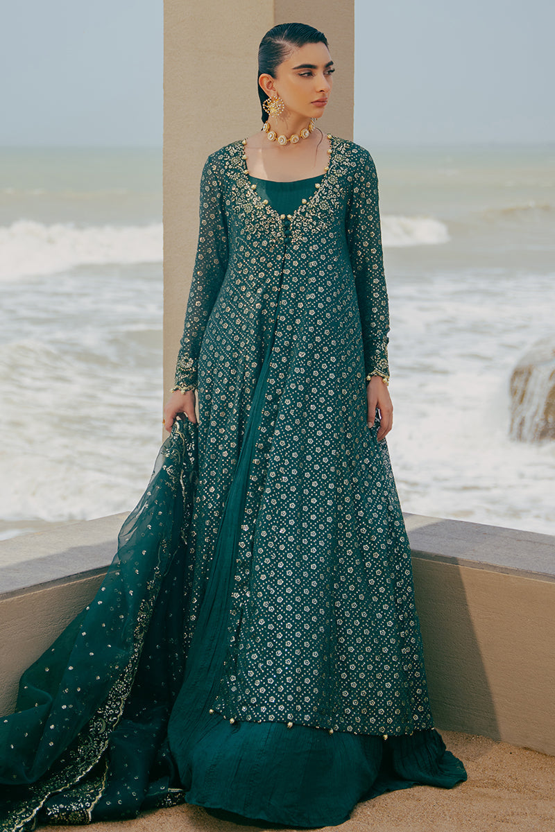 Cross Stitch | Wedding Pret | Green Spring-3PC Chiffon Embroidered Pret
