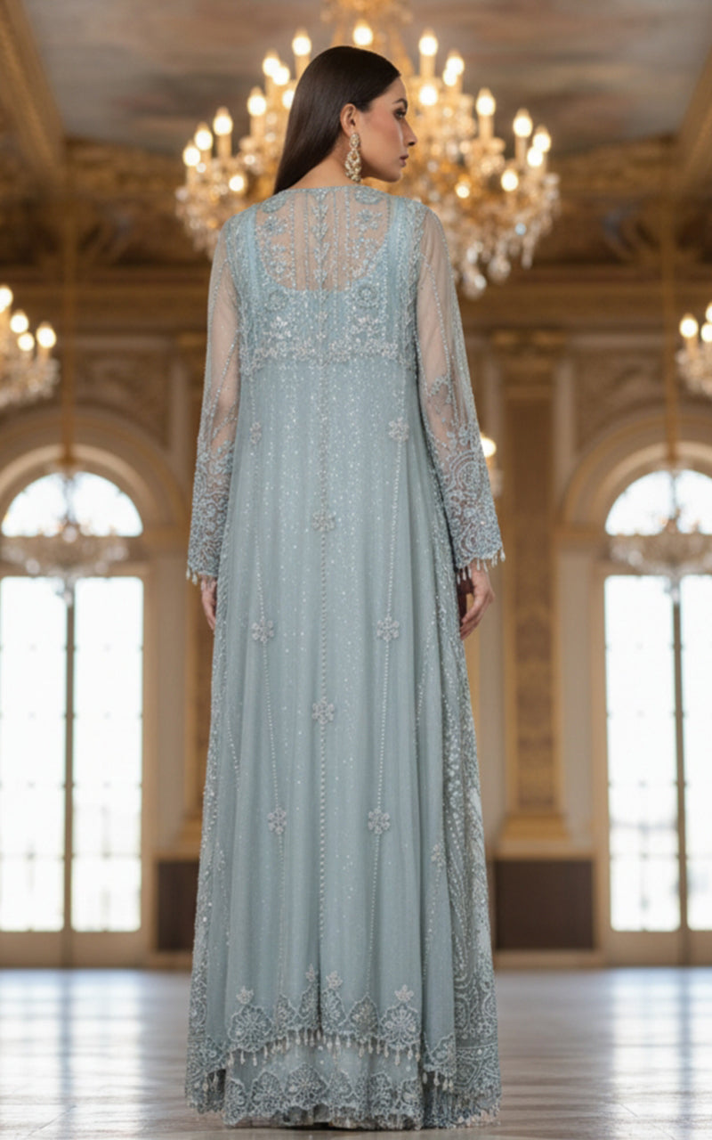 Threads and Motifs | Formal Dresses 25 | Net Embroidered Jacket With Blouse And Lehenga