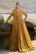 NAQSHI Ainara mustard crinkle frock front featuring round neckline with keyhole, heavily hand‑adda embellished bodice and sleeves, straight cutline over plain pants.