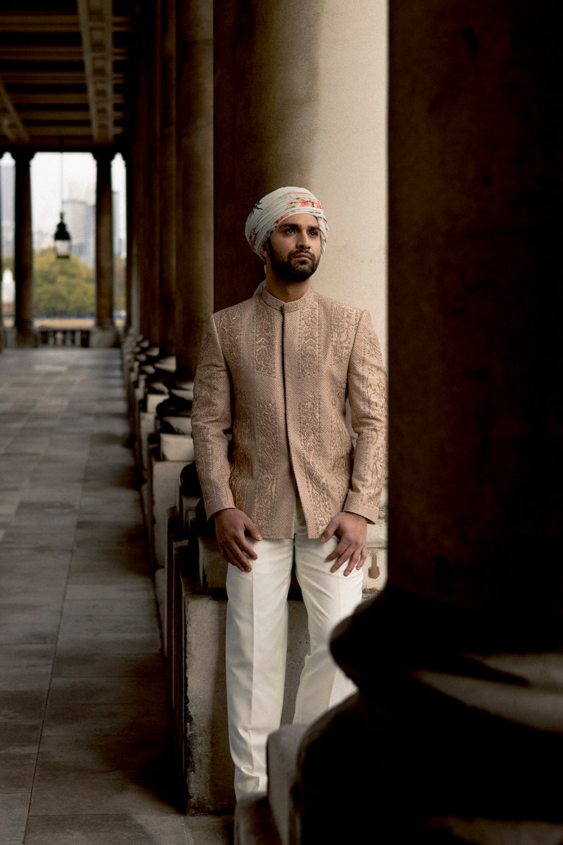 Republic By Omar Farooq | Couture Prince Coat | Salmon Pink Jamawar Prince Coat -  Republic by Omar Farooq Couture Prince Coat - Original Designer Dress - House of Maryam