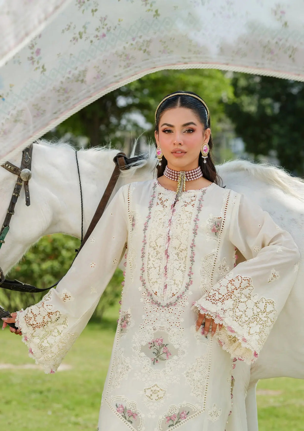 Elaf Premium | Luxury Lawn 25 | ELH-7A WHITE EMPRESS -  Elaf Premium Ladies Clothes - Original Designer Dress - House of Maryam