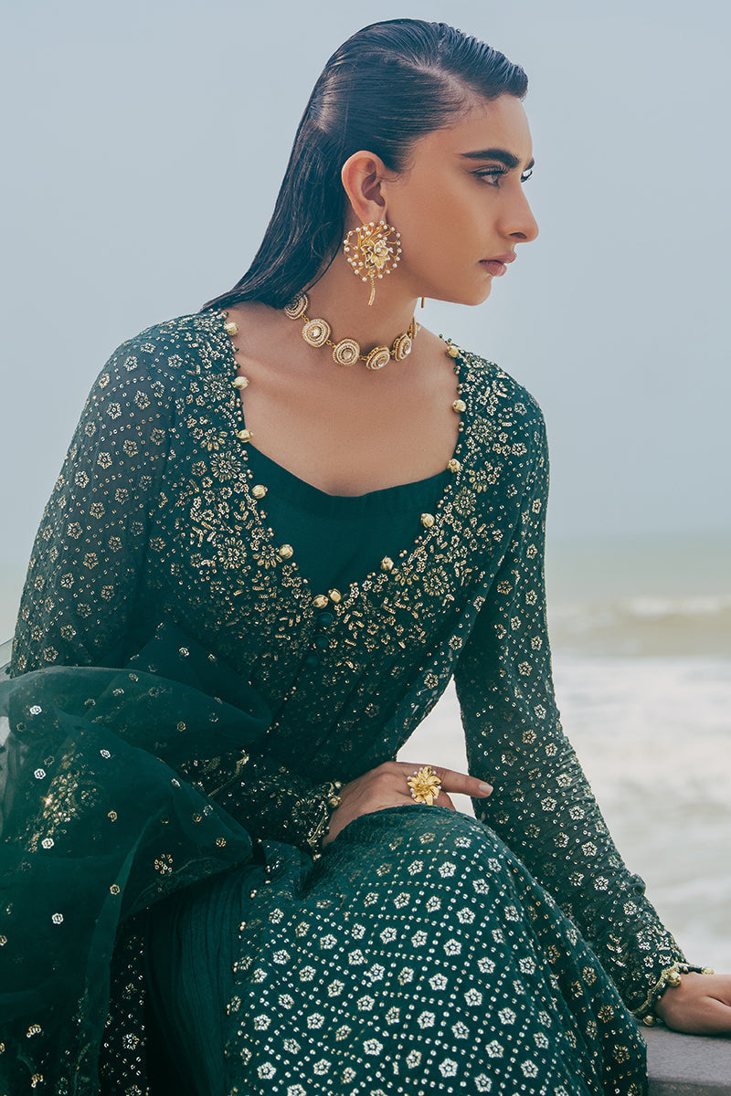 Cross Stitch | Wedding Pret | Green Spring-3PC Chiffon Embroidered Pret