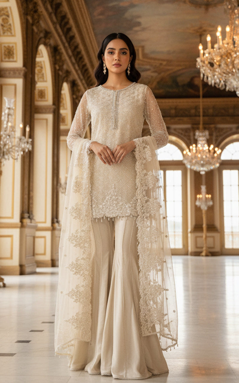 Threads and Motifs | Formal Dresses 25 | Net Embroidered Shirt With Gharara And Dupatta