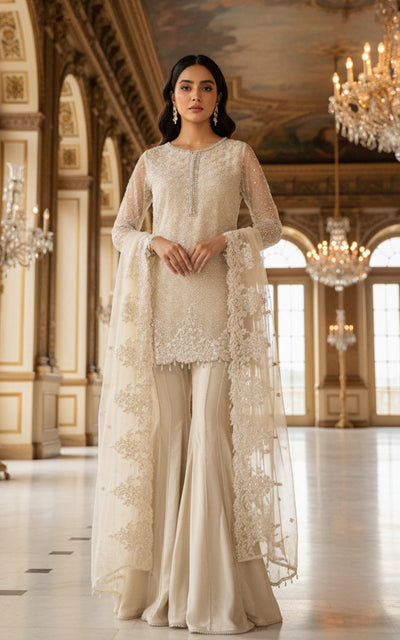 Threads and Motifs | Formal Dresses 25 | Net Embroidered Shirt With Gharara And Dupatta