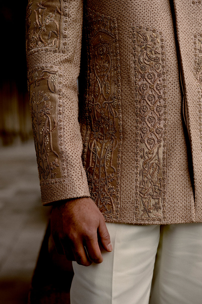 Republic By Omar Farooq | Couture Prince Coat | Salmon Pink Jamawar Prince Coat -  Republic by Omar Farooq Couture Prince Coat - Original Designer Dress - House of Maryam