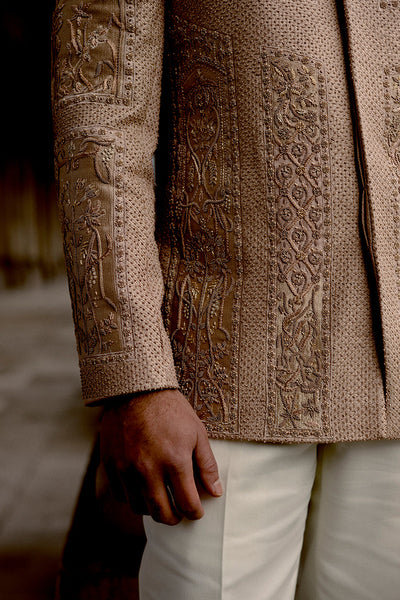 Republic By Omar Farooq | Couture Prince Coat | Salmon Pink Jamawar Prince Coat -  Republic by Omar Farooq Couture Prince Coat - Original Designer Dress - House of Maryam