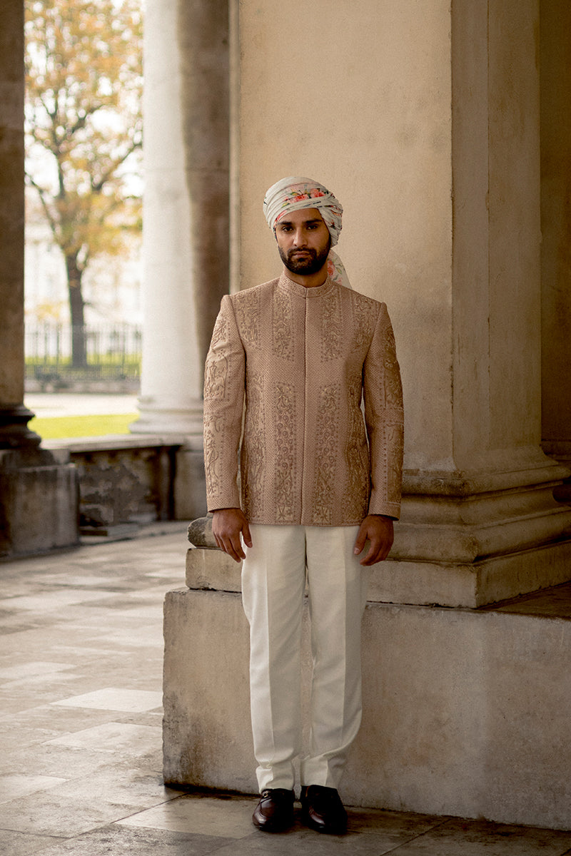 Republic By Omar Farooq | Couture Prince Coat | Salmon Pink Jamawar Prince Coat -  Republic by Omar Farooq Couture Prince Coat - Original Designer Dress - House of Maryam