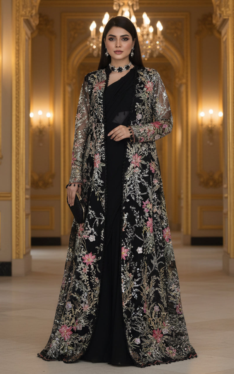 Threads and Motifs | Formal Dresses 25 | Net Embroidered Jacket With Chiffon Saree