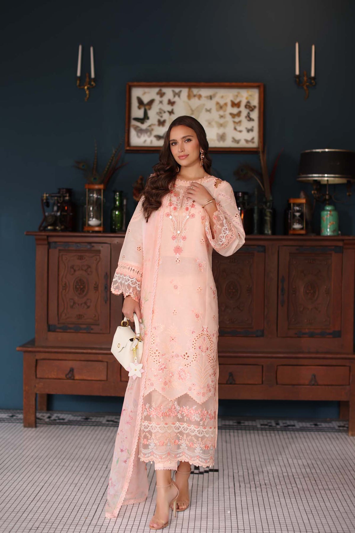 Noor by Saadia Asad | Eid Luxury Schiffli Laserkari 25 | D6- Peach -  Noor by Saadia Asad Ladies Clothes - Original Designer Dress - House of Maryam