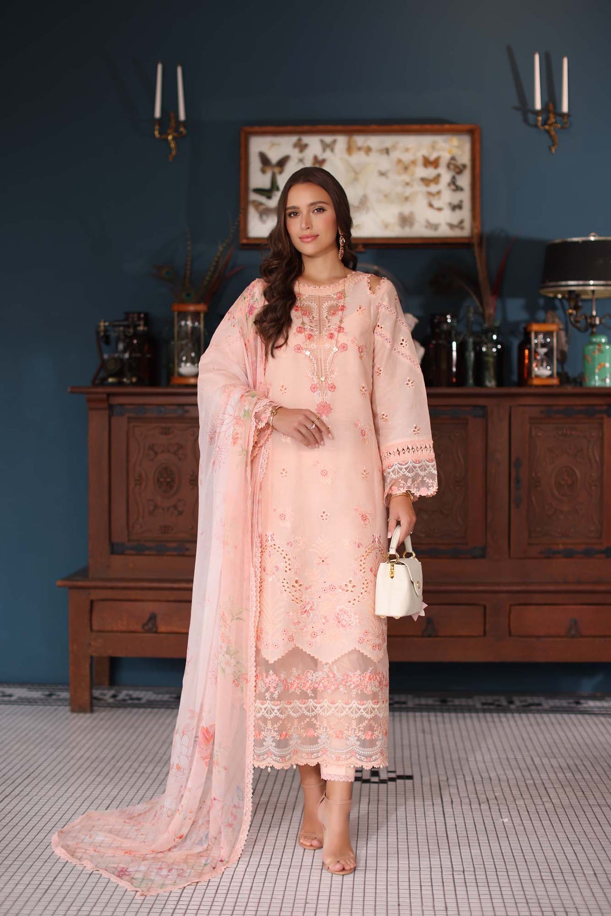 Noor by Saadia Asad | Eid Luxury Schiffli Laserkari 25 | D6- Peach -  Noor by Saadia Asad Ladies Clothes - Original Designer Dress - House of Maryam