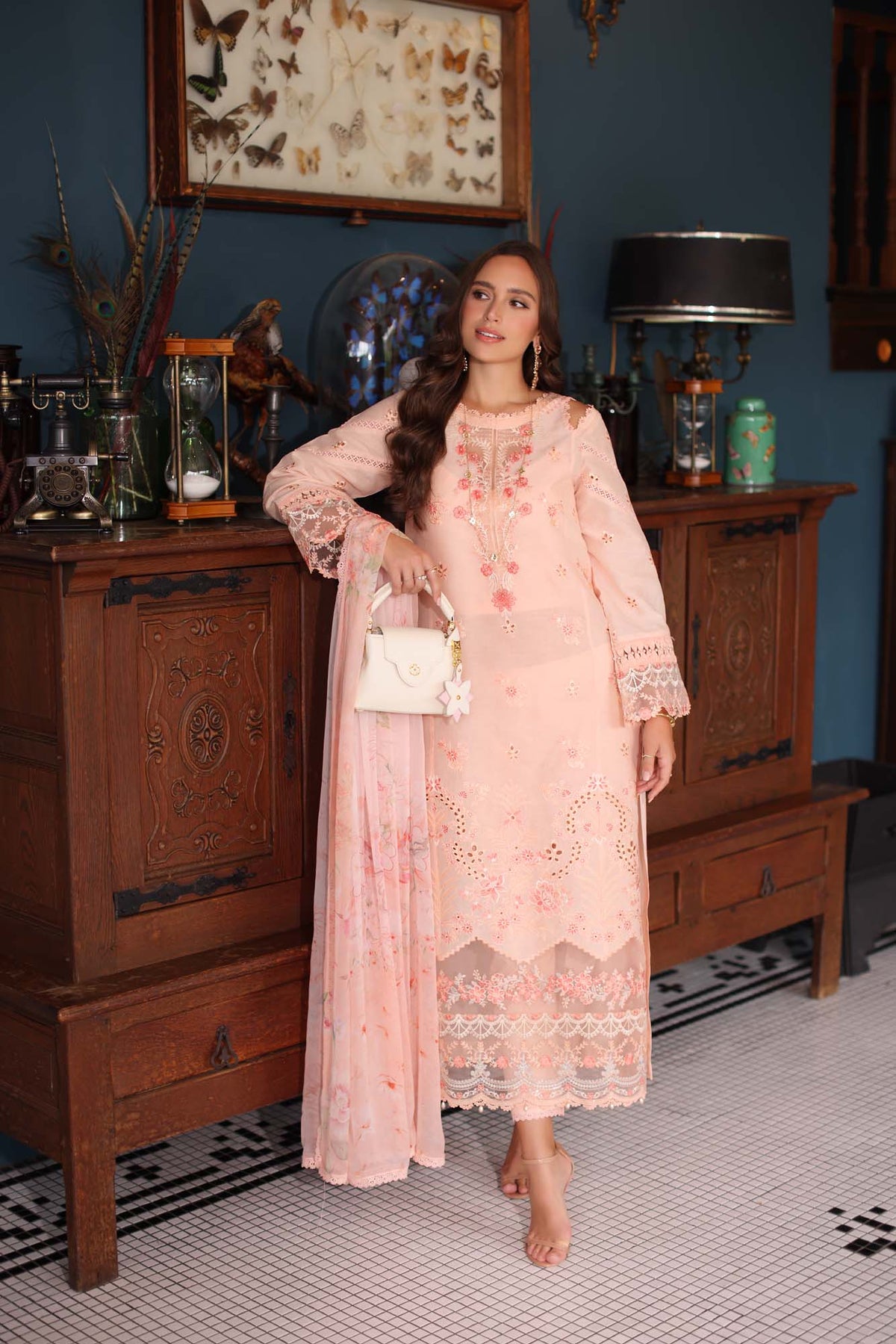 Noor by Saadia Asad | Eid Luxury Schiffli Laserkari 25 | D6- Peach -  Noor by Saadia Asad Ladies Clothes - Original Designer Dress - House of Maryam